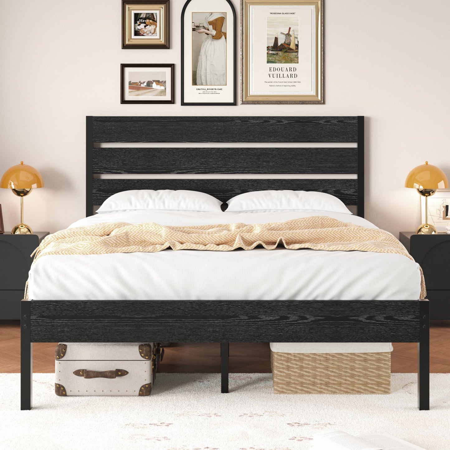 VECELO Queen Size Bed Frame with Wood Headboard and Footboard, 14 Inch Platform/No Box Spring Needed, Heavy Duty Support, Easy Assembly