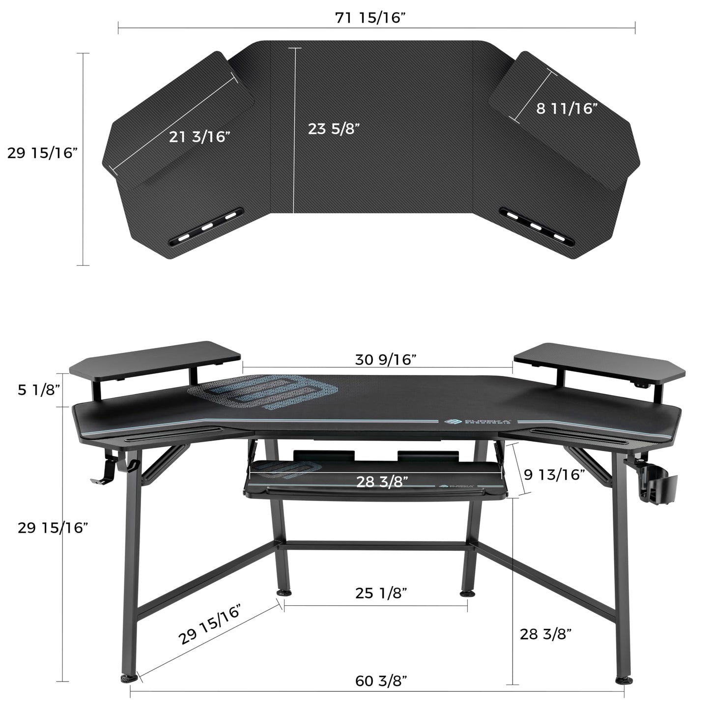 EUREKA ERGONOMIC Aero Gaming Desk with Led Lights, 72" Large Wing-Shaped Studio Desk W Keyboard Tray Monitor Stand Dual Headphone Hanger Cup Holder for Live, Streamer