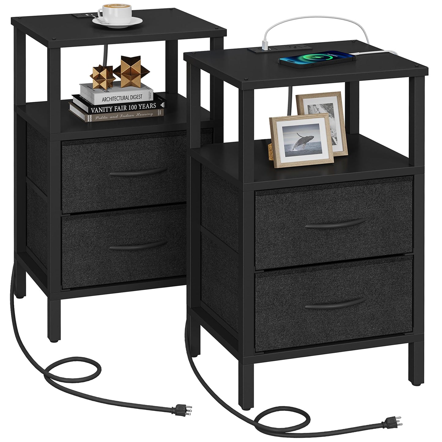 TUTOTAK End Table with Charging Station, Side Table with 2 USB Ports and Outlets, Nightstand with Cloth Drawer, Set of 2, Couch Table, Black TB01BK067
