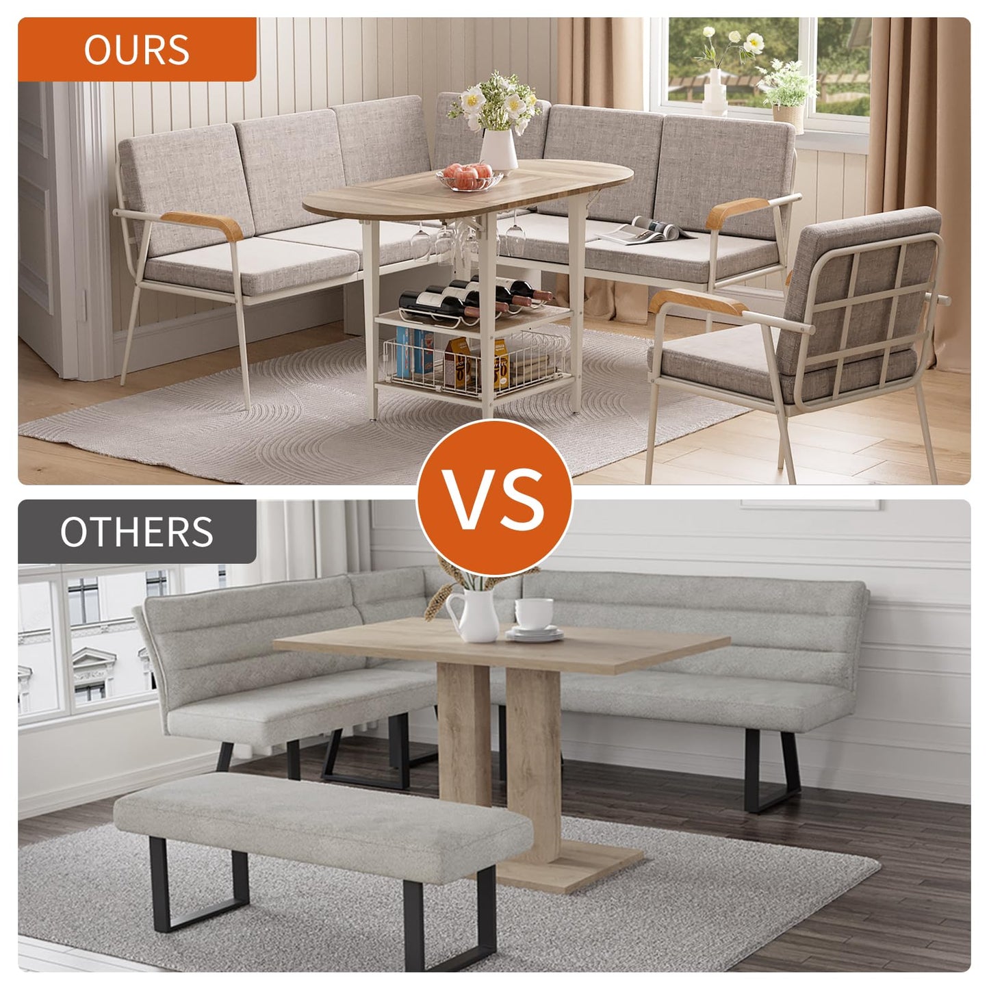 VFK 3 Piece Dining Table Set, 51 Inch Modern Kitchen Folding Breakfast Table with Right Seat Storage Corner Stools and Dining Chairs for Home Dining Room Furniture