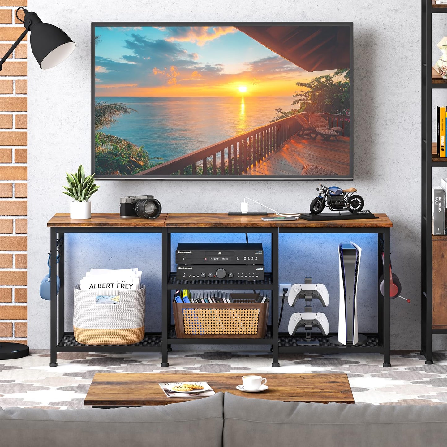 YGEOMER TV Stand Entertainment Center for 55 Inch TVs, with Charging Station and Lights Open Storage Shelves, TV Media Console, Open Storage Shelf with Sound Rack for Living Room, Rustic Brown