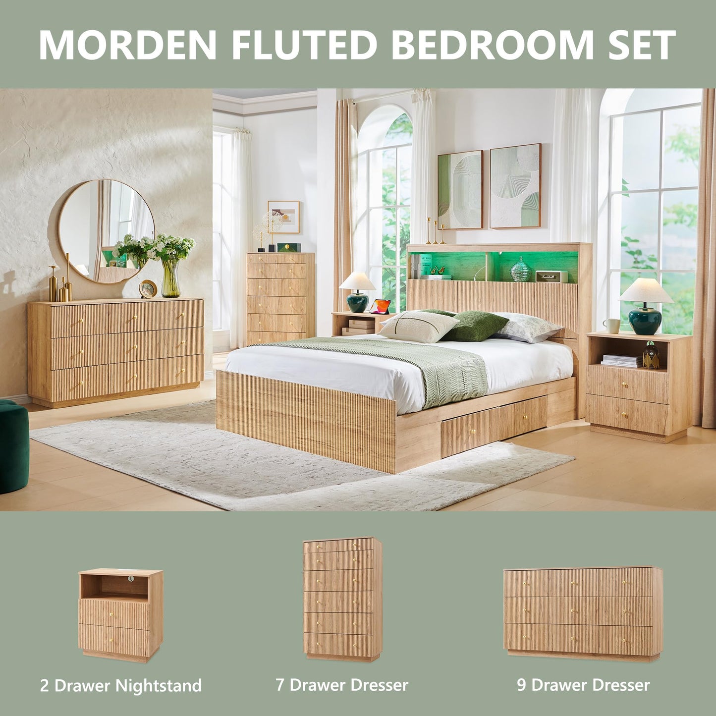 wow97e Fluted 7 Drawer Dresser for Bedroom, 48" Tall Natural 7 Drawer & Chests of Drawers, Wood Modern Chest of Drawers with Deep Storage for Bedroom, Closet Hallway, Entryway, Living Room, Natural