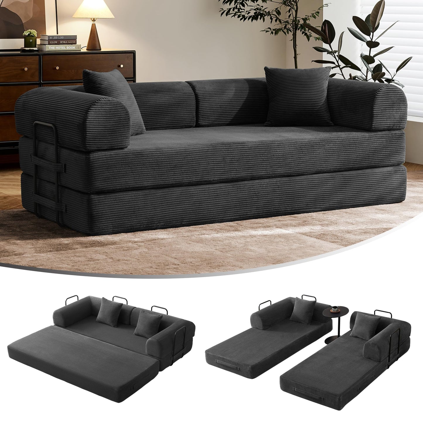 79" Convertible Sofa Bed with Fixed-Shape Frame & Removable Armrests, Modular Corduroy Sleeper Sofa, Folding Mattress Couch for Small Spaces - No Assembly Needed in Black (Includes 2 Pillows)
