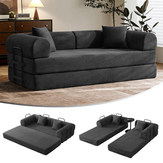 79" Convertible Sofa Bed with Fixed-Shape Frame & Removable Armrests, Modular Corduroy Sleeper Sofa, Folding Mattress Couch for Small Spaces - No Assembly Needed in Black (Includes 2 Pillows)