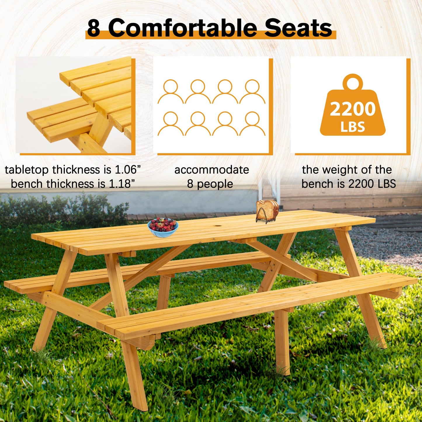 Premium Picnic Tables Outdoor Wooden Picnic Table Set with Benches & Umbrella Hole - Stylish and Spacious Seating for 6-8 People - Perfect for Backyard, Porch, and Garden Gatherings