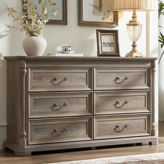 Yechen 6 Drawer Solid Wood Dresser for Bedroom,Storage Dressers Organizer, Vintage Farmhouse 6 Drawer Dresser for Bedroom,Heavy Duty Rustic Chest of Drawers for Living Room(Light Rustic Oak)