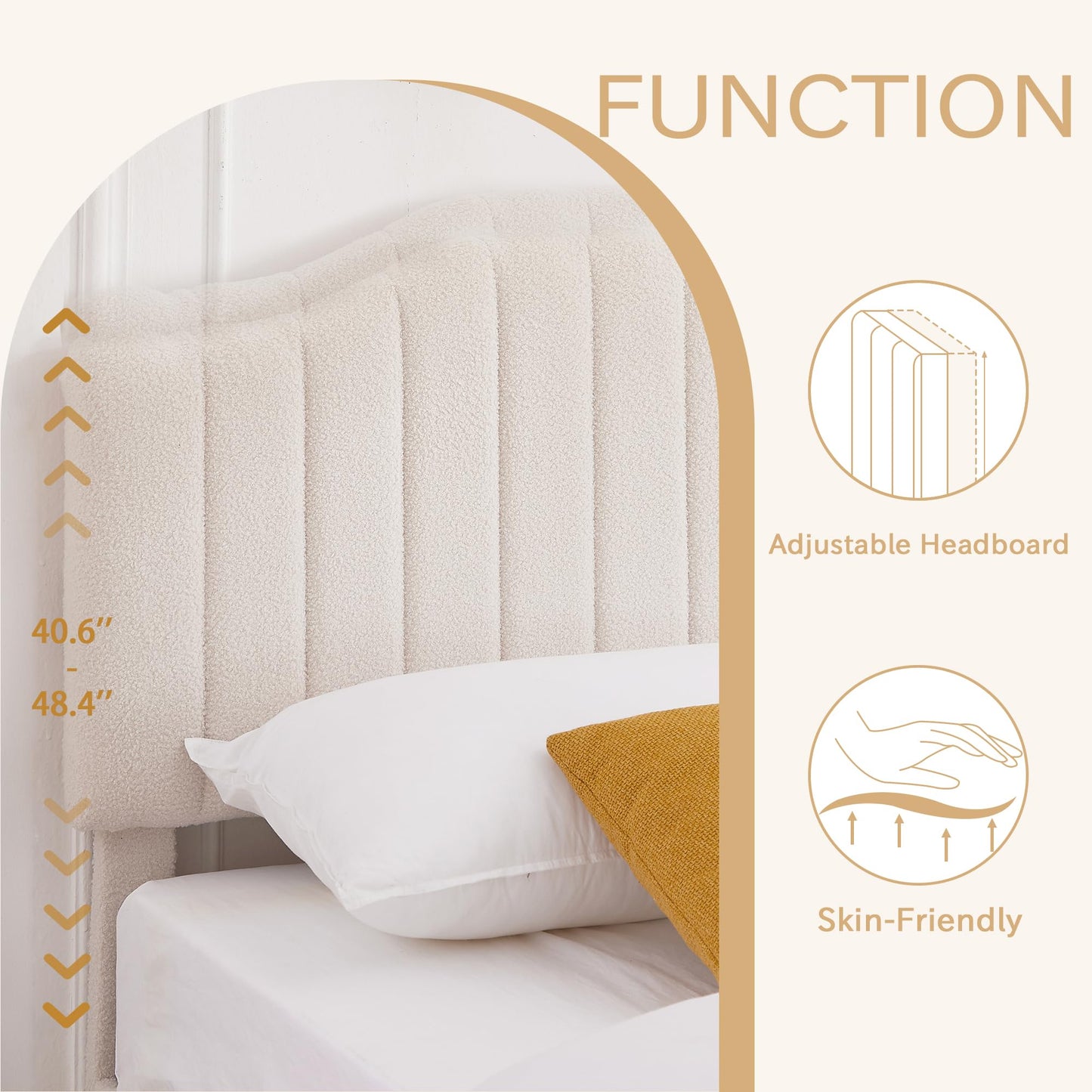 VECELO Twin Bed Frame Upholstered Platform Bed Frame with Height Adjustable Teddy Fabric Headboard, Strong Wood Slats Supports 7.9'' Under Bed Space Noise Free No Box Spring Needed, Cream