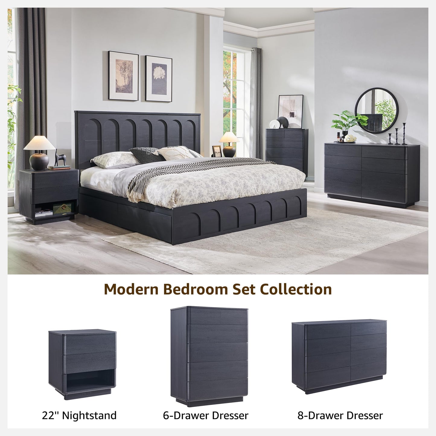 ACCOHOHO Nightstand with Charging Station, 22" Push-to-Open Bedside Table with 2 Storage Drawers, Large Modern End Table for Bedroom,Black