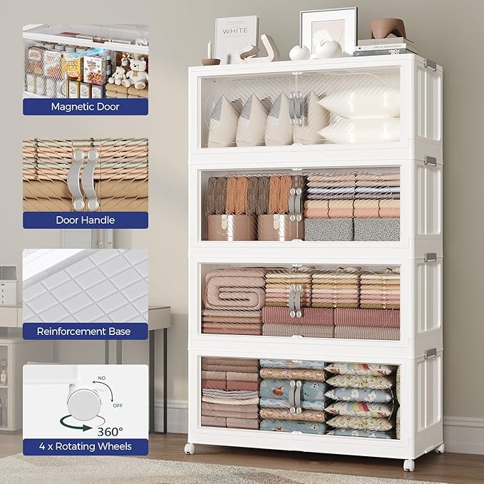 90GAL Plastic Storage Bins with Lid, 360QT Extra Large Stackable Closet Organizers and Storage, Collapsible Storage Boxes with Wheels, Folding Cabinet for Home Kitchen Office, 3Pack White