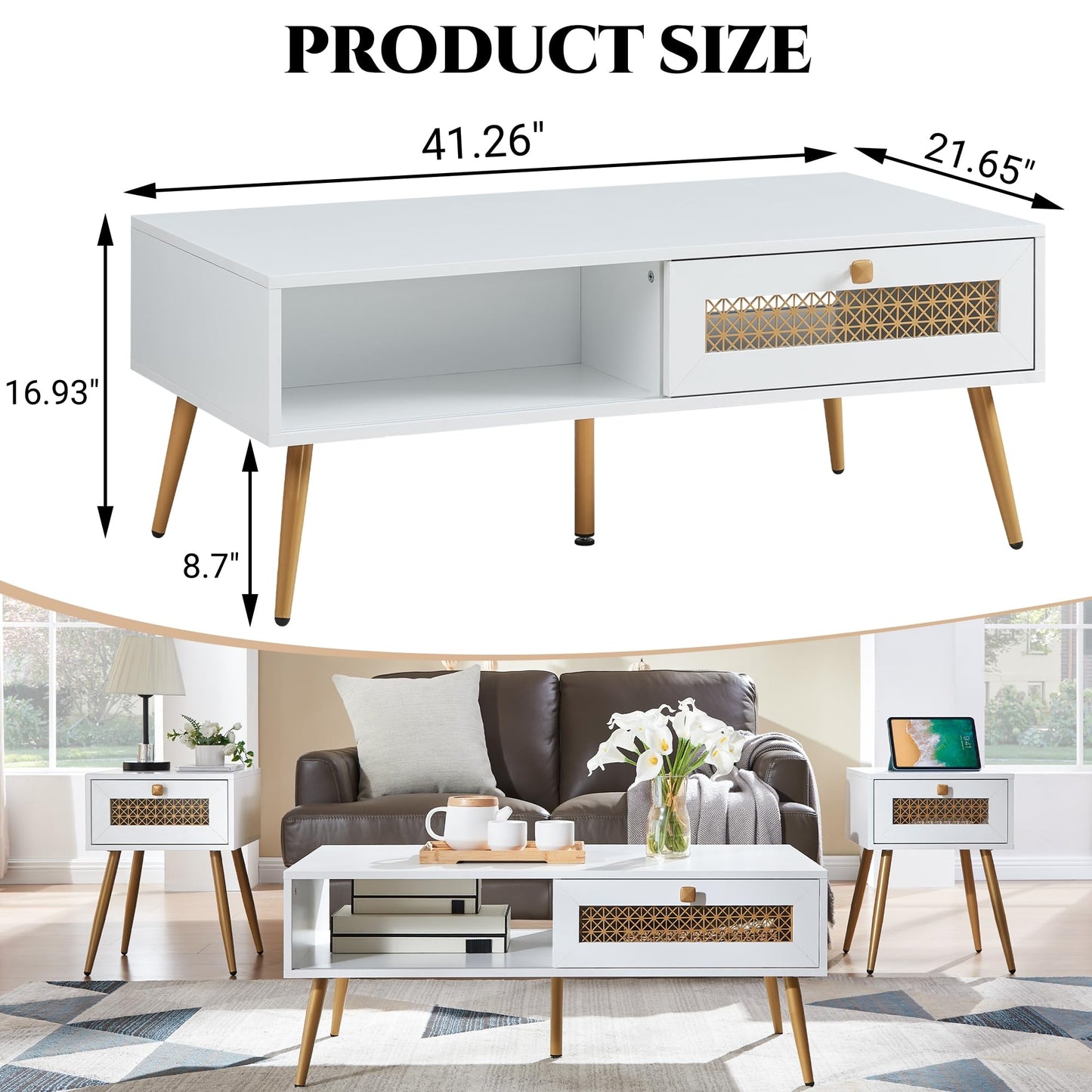 Wooden Mid Century Modern Coffee Table, Retangle Coffee Table with Sliding Door for Living Room, White