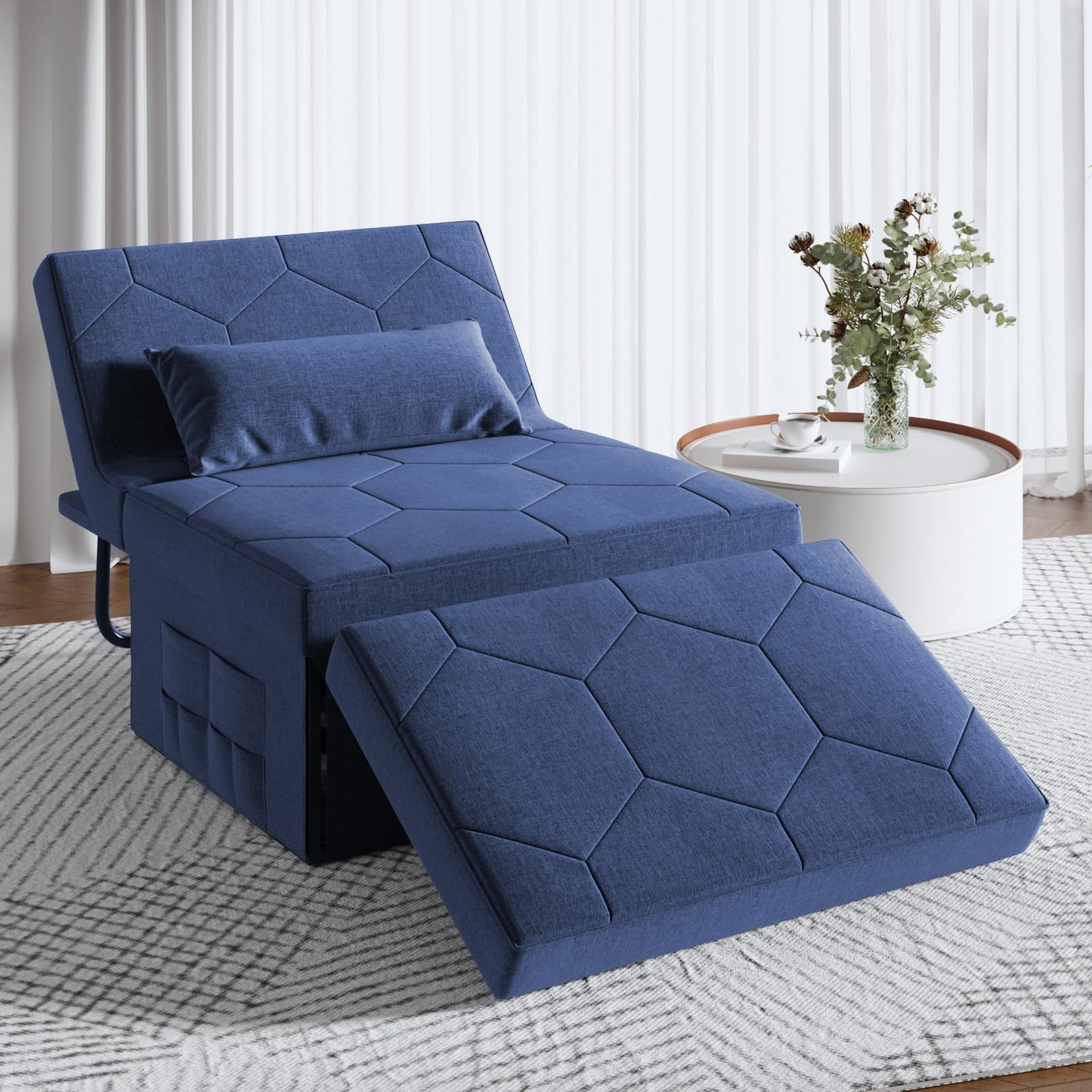 4 in 1 Sleeper Chair, Convertible Sleeper Sofa with Ottoman, Ottoman Bed for Adults, Sofa Bed with Adjustable Backrest for Living Room Apartment Office, Jean Blue