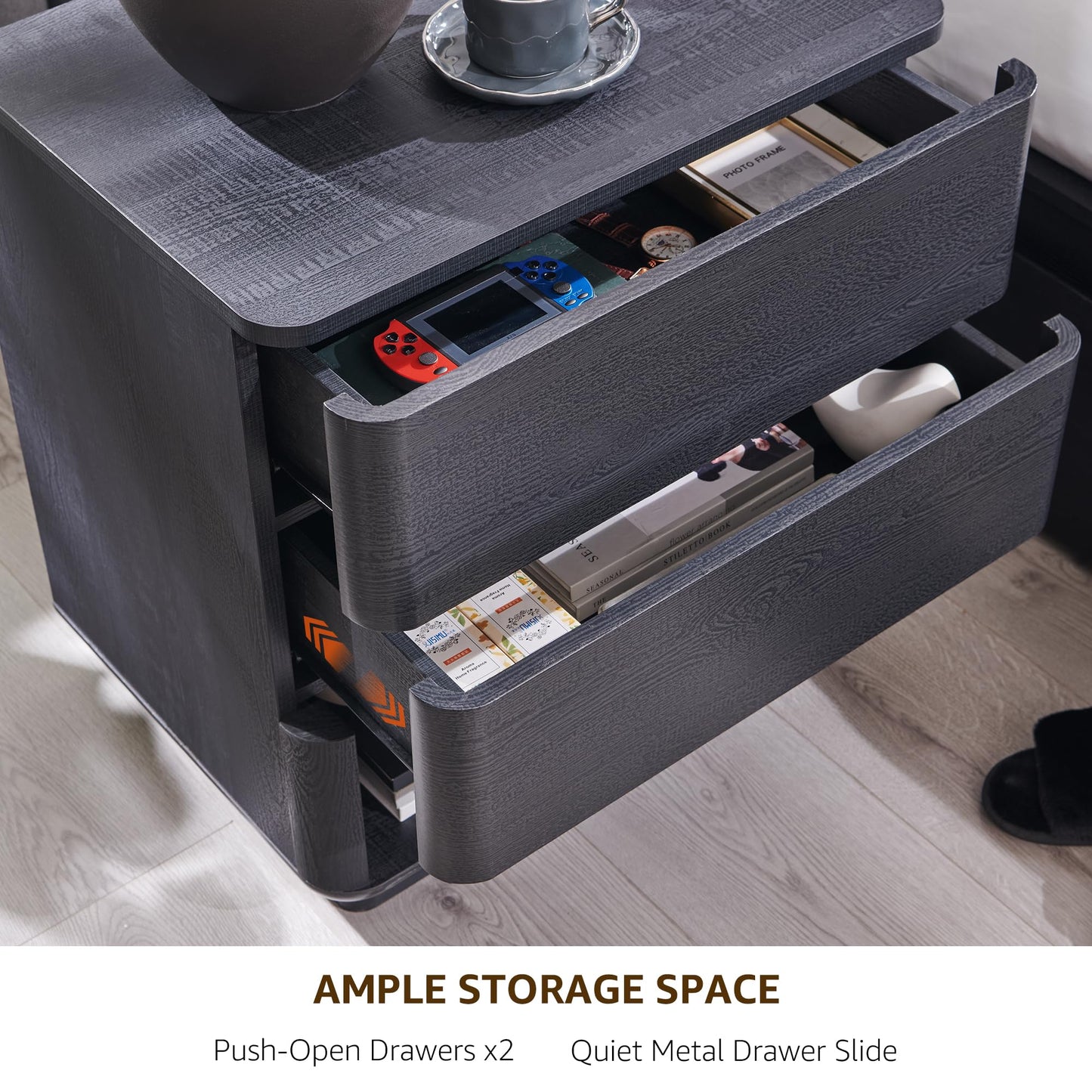 ACCOHOHO Nightstand with Charging Station, 22" Push-to-Open Bedside Table with 2 Storage Drawers, Large Modern End Table for Bedroom,Black