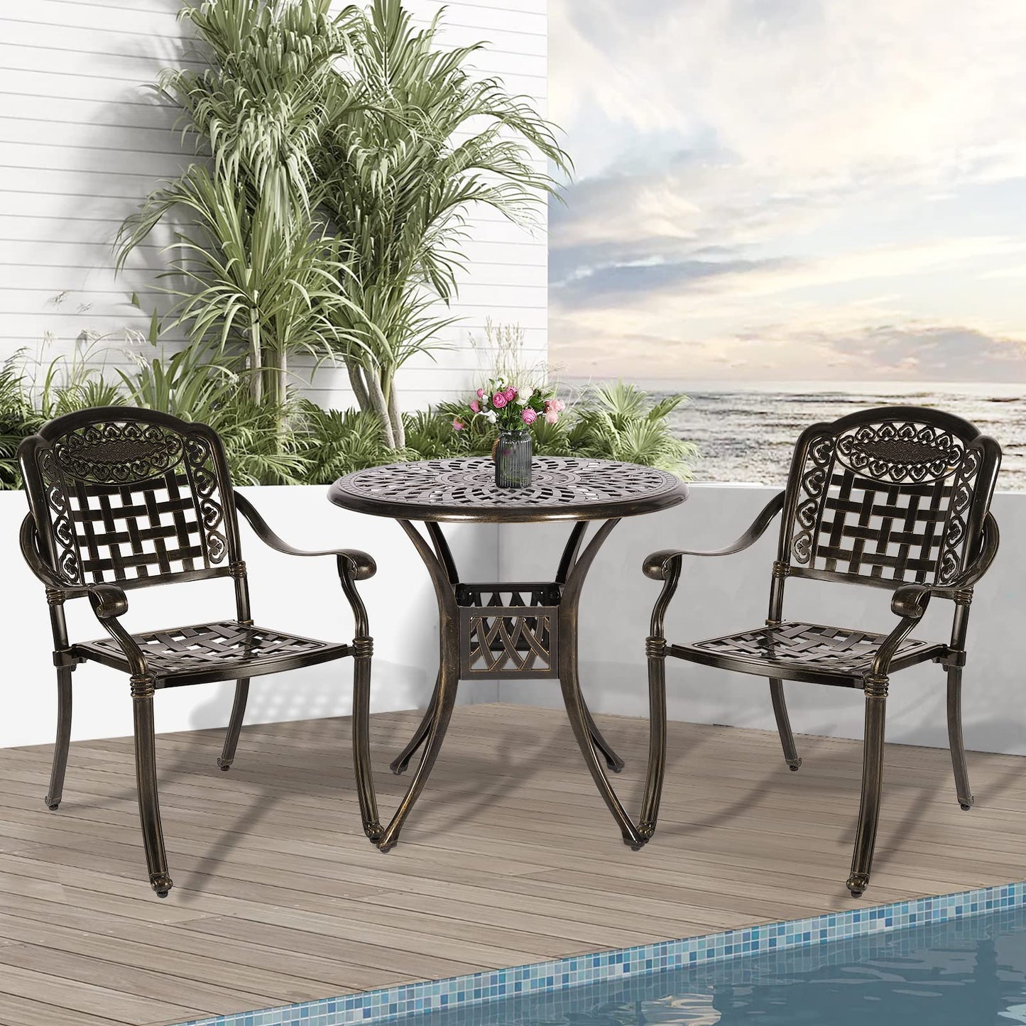 W WARMHOL 3-Piece Outdoor Patio Dining Set, All-Weather Cast Aluminum Patio Furniture Set for Backyard Garden Deck with 2 Chairs and 31” Round Table, 2" Umbrella Hole