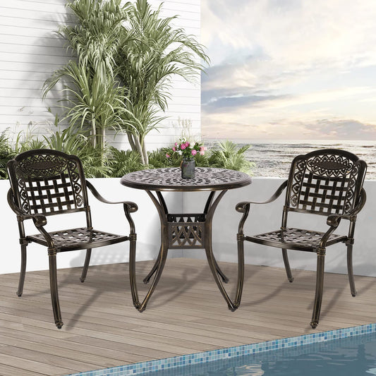 W WARMHOL 3-Piece Outdoor Patio Dining Set, All-Weather Cast Aluminum Patio Furniture Set for Backyard Garden Deck with 2 Chairs and 31” Round Table, 2" Umbrella Hole