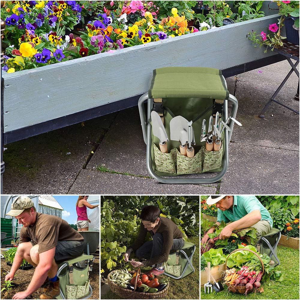 12 pcs Garden Tools Stool, Gardening Hand Tools Set with Folding Chair Seat and Garden Storage Tote Bag, Garden Tools Carrier, Digging, Gardening Gifts Set for Mom/Dad and Gardeners. Green