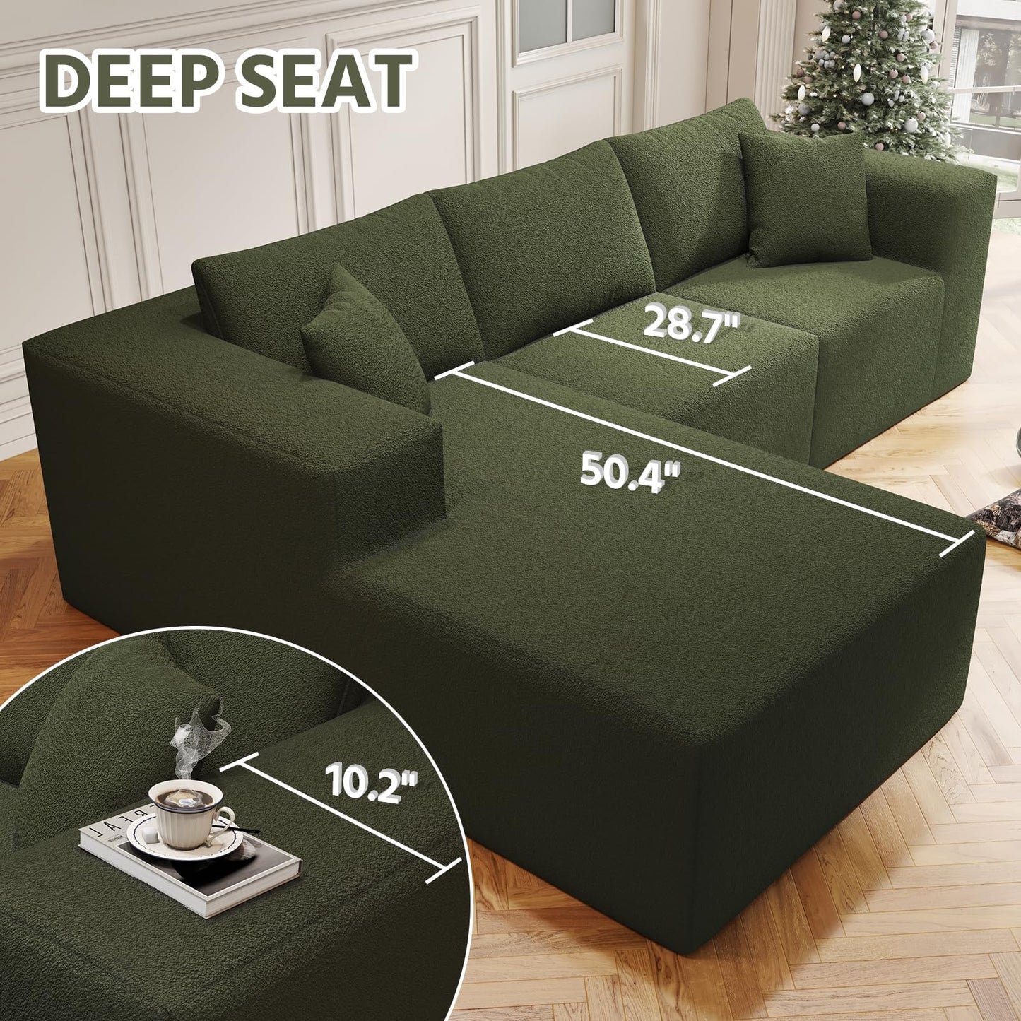 108" Cloud Sectional Couch with L-Shape Chaise,4 Seat Modern Modular Sofa with Deep Seat, Upholstered Couches for Living Room Bedroom, Sectional boneless couch with pillows,No Assembly Required(Green)