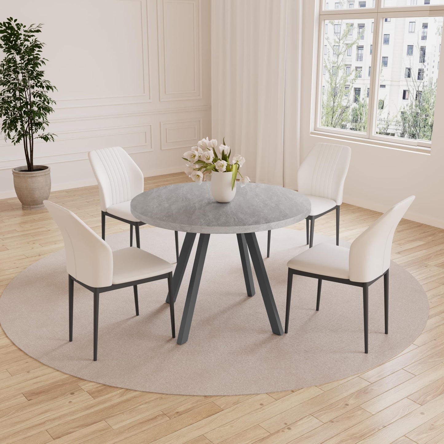 Zerifevni 34.6'' Round Dining Table and Chairs for 4, Mid Century Modern Round Table Set, Space Saving for Apartment Kitchen Dining Room (Grey Table+4 White Chairs)