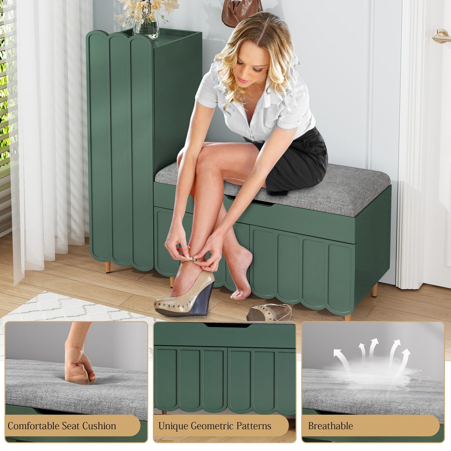 3More Shoe Organizer Cabinet，Entryway Bench with Adjustable Shelves and Cushioned Seat，Unique L-Shaped Bench Cabinet for Entryway, Hallway, Living Room