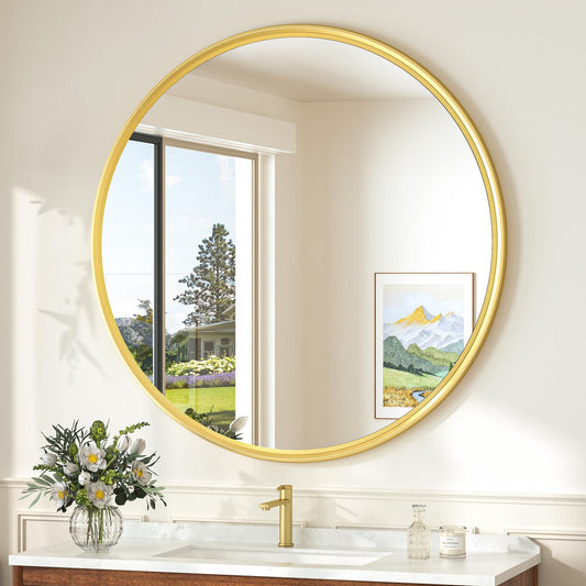 TokeShimi 36 in Mirror Round Framed Gold Mirror Bathroom Tempered, Shatterproof Mirror Circle 36x36 Farmhouse Aluminum Big Wall Mirrored for Bedroom, Entryway, Restroom, Vanity, Living Room