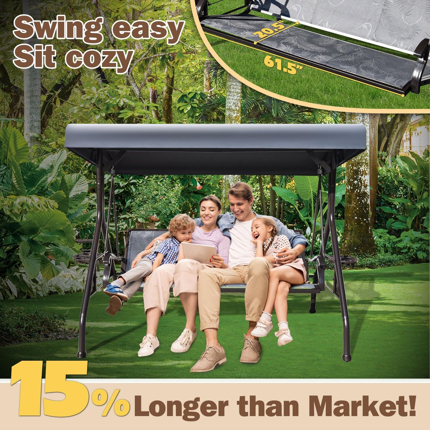 ZZW 3 Person Patio Swing Outdoor Swing for Adults with Adjustable Canopy &Upgraded Cup Holders Textilene Fabric Porch Swing Chair with Stand Heavy Duty 800 LBS