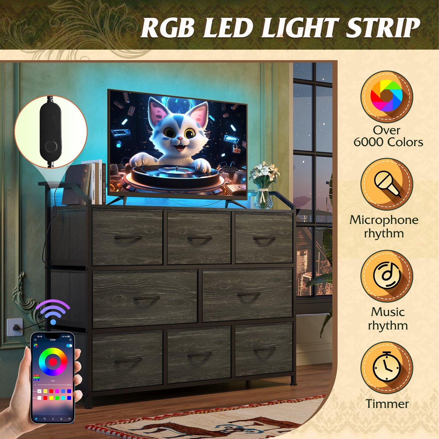 WLIVE Led Dresser for Bedroom, TV Stand for Bedroom with LED Lights and Power Outlet, Wide Chest of Drawers for Hallway, 8 Fabric Drawers for Living Room and Entryway, Charcoal Black Wood Grain Print