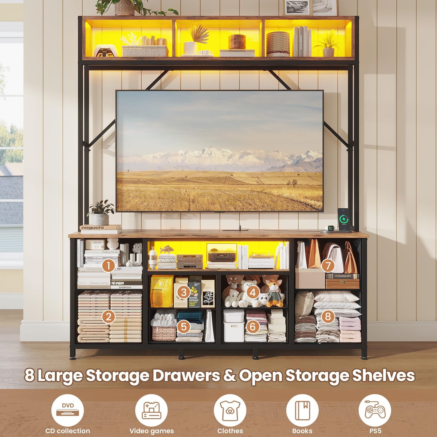 BTHFST 55" TV Satnd for Bedroom Room, Wall Unit Entertainment Center with 2 LED Lights & Power Outlets, TV Stand Dresser with 6 PU Fabric Drawers & 4 Open Storage Shelves, Rustic Brown