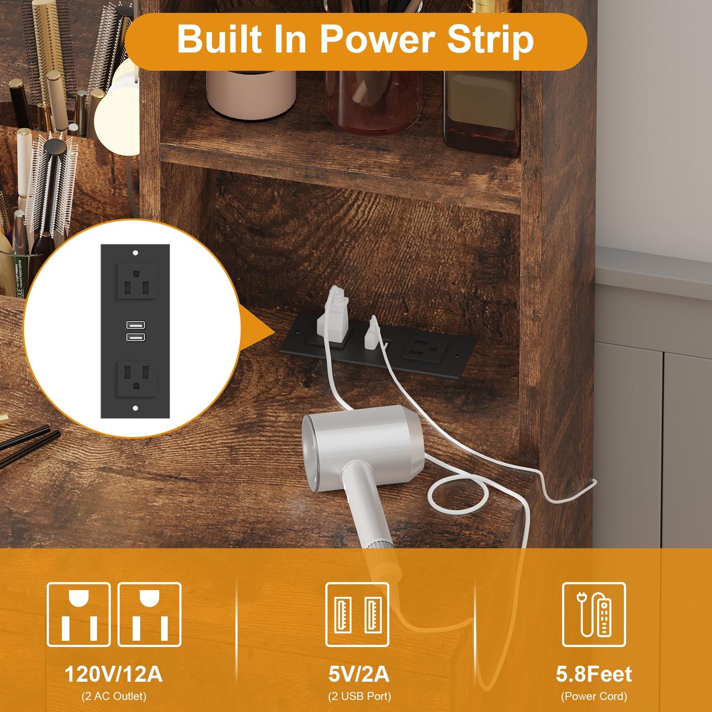 Garvee 56" Modern Vanity Set with LED Lighted Mirror,Farmhouse Makeup Vanity with Power Outlet&Storage Shelves,Bedroom Dressing Table for Women&Girls,3 Lighting Modes,Brightness Adjustable(Brown)