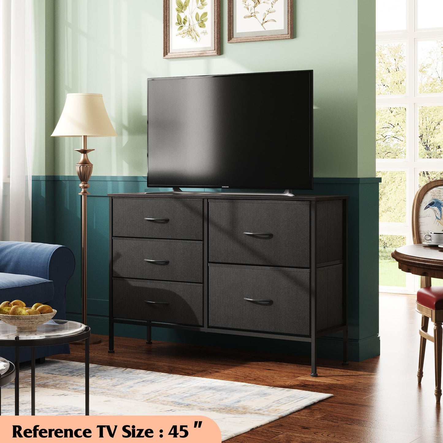 WLIVE Dresser for Bedroom with 5 Drawers, Wide Bedroom Dressers with Drawer Organizers, Chest of Drawers, Fabric Dresser for Living Room, Closet, Hallway, Charcoal Black