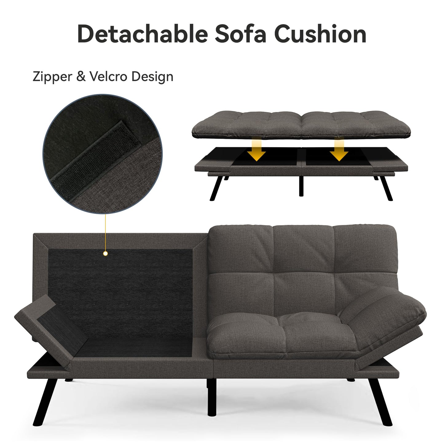 Vipbear 71" Convertible Futon Sofa Bed,Linen Fabric Futon Couch with Detachable Cushion,Adjustable Backrest & Armrest,Modern Loveseat Sleeper Recliner for Living Room,Office,Apartment,Dark Grey