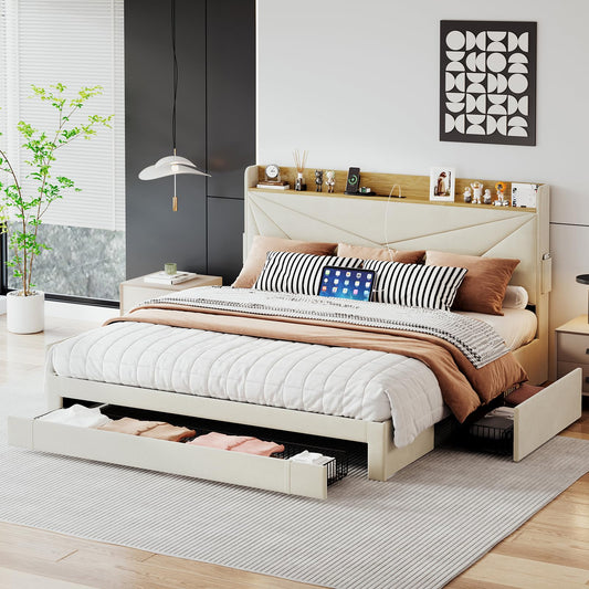 Ugijei King Size Bed Frame with Headboard & Charging Station, Upholstered Platform Bed Frame King Size with 3 Storage Drawers, No Box Spring Needed, Easy Assembly, Cream
