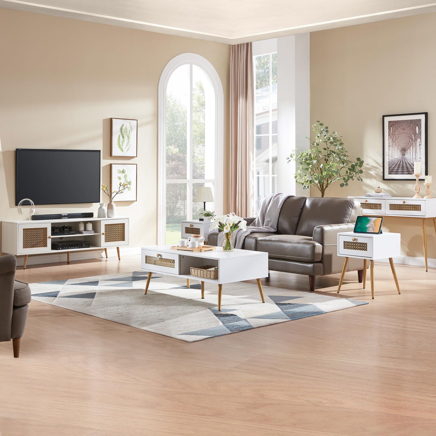 Wooden Mid Century Modern Coffee Table, Retangle Coffee Table with Sliding Door for Living Room, White