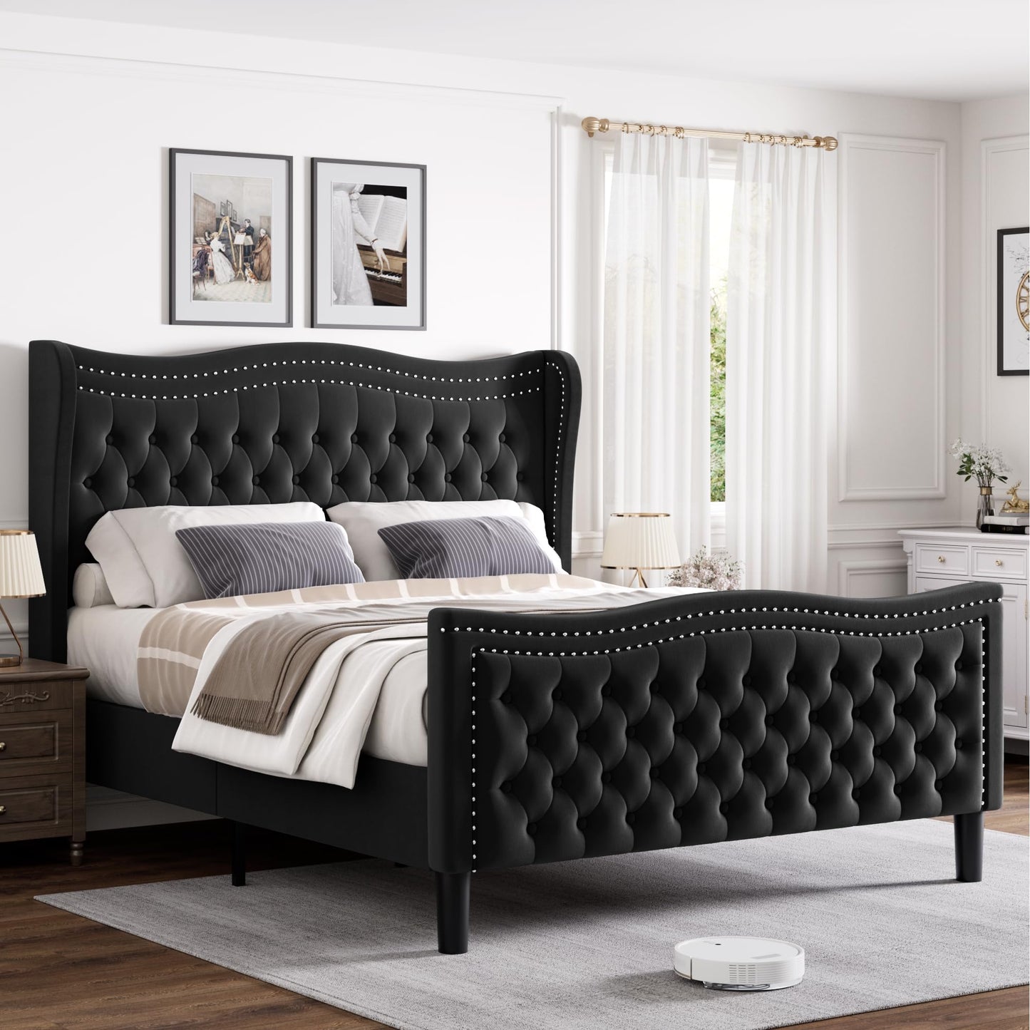 VINTLJUS Queen Bed Frame with Tall Headboard & Footboard, Velvet Upholstered Platform Bed Frame with Deep Button Tufted Wingback, No Box Spring Needed, Noise Free, Black
