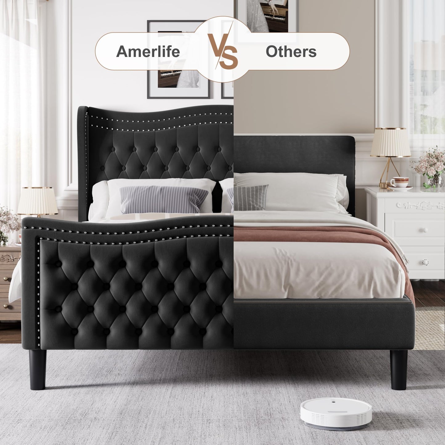 VINTLJUS Queen Bed Frame with Tall Headboard & Footboard, Velvet Upholstered Platform Bed Frame with Deep Button Tufted Wingback, No Box Spring Needed, Noise Free, Black