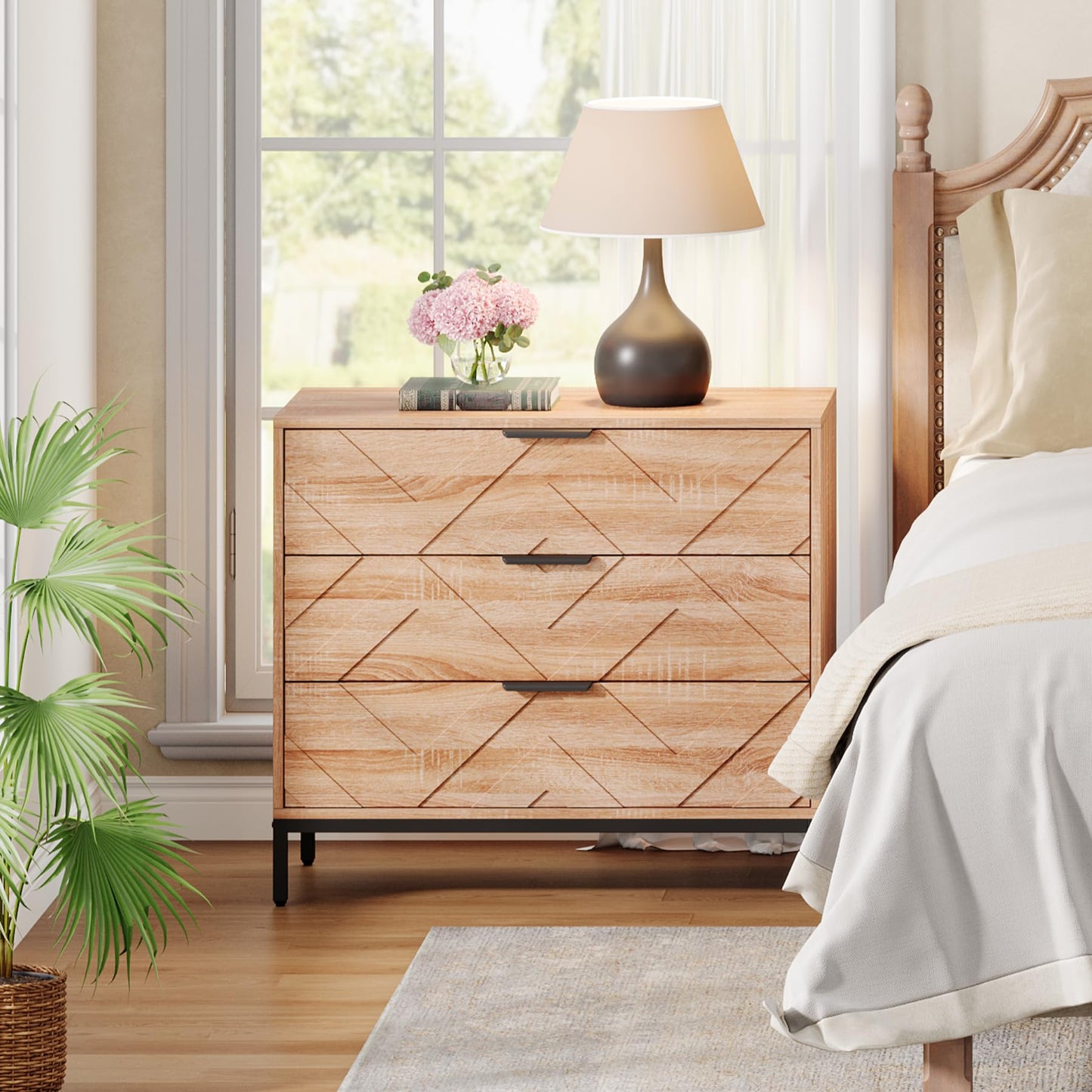 Tribesigns Wooden Nightstand with 3 Drawers, 31" Wide Night Stand with Metal Legs, Modern Large Bedside End Table for Bedroom, Living Room (1)