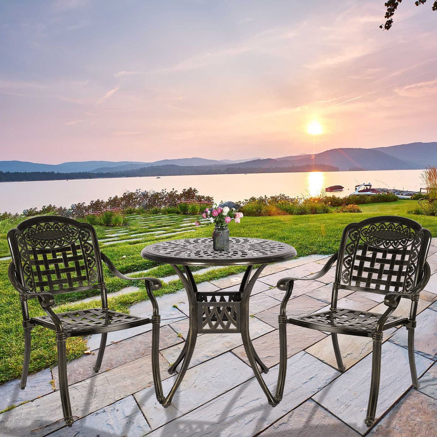 W WARMHOL 3-Piece Outdoor Patio Dining Set, All-Weather Cast Aluminum Patio Furniture Set for Backyard Garden Deck with 2 Chairs and 31” Round Table, 2" Umbrella Hole