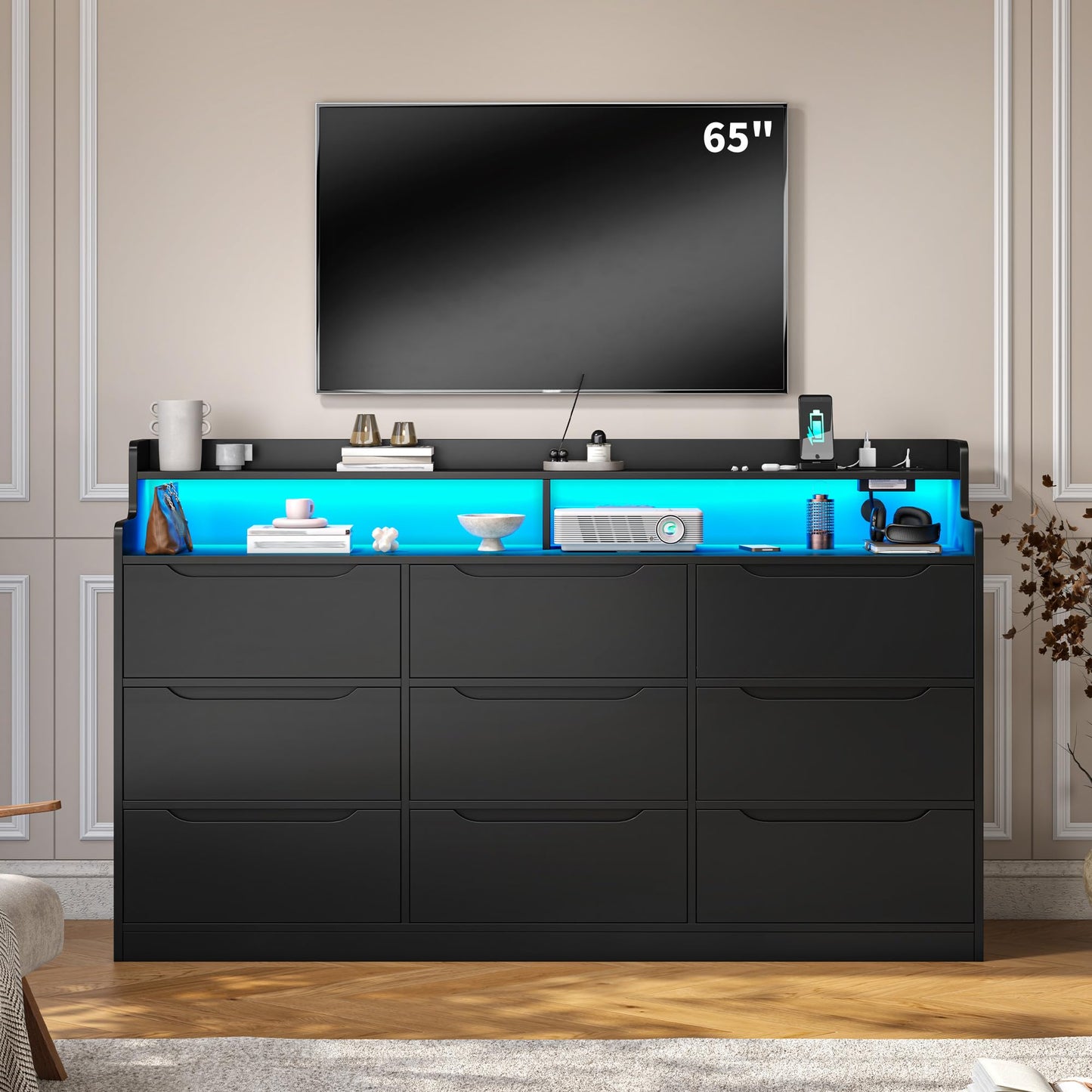 DurayLoly Modern Dresser for Bedroom with LED Light, 9 Drawer Black Dresser with Charging, Wooden Chest of Drawers, Large TV Stand for Bedroom