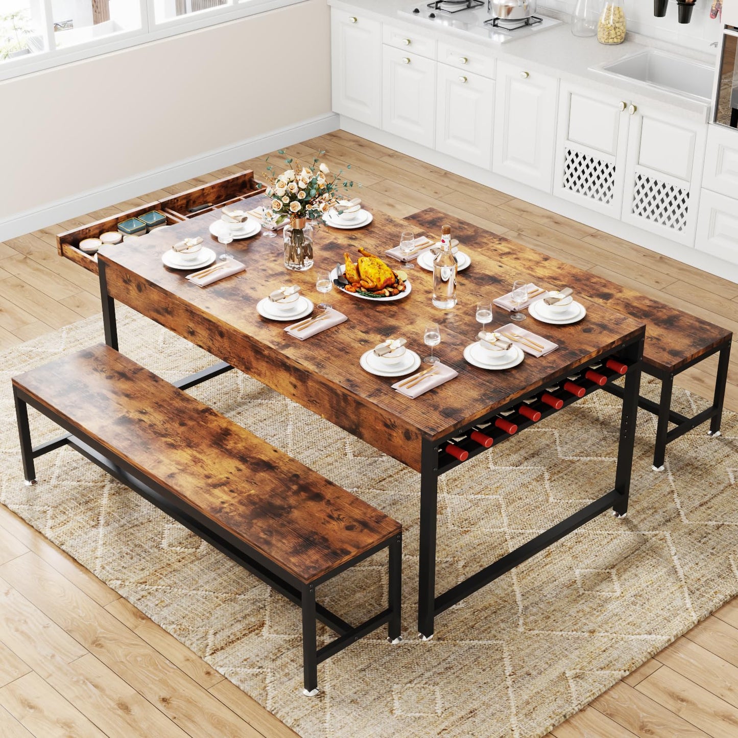 63" Kitchen and Dining Table Set for 6, 3-Piece Dining Room Table with 2 Long Benches, Kitchen Dinner Tables Set with Storage Drawer, Breakfast Nook Tables with Wine Rack, Space Saving Design (Rustic)