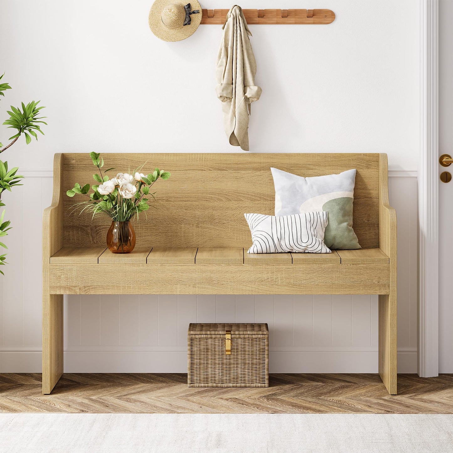 Tribesigns Entryway Bench with Back, 43.3" Farmhouse Wooden Indoor Bench, End of Bed Stool for Bedroom, Living Room, Dining Room, Easy Assembly, Natural