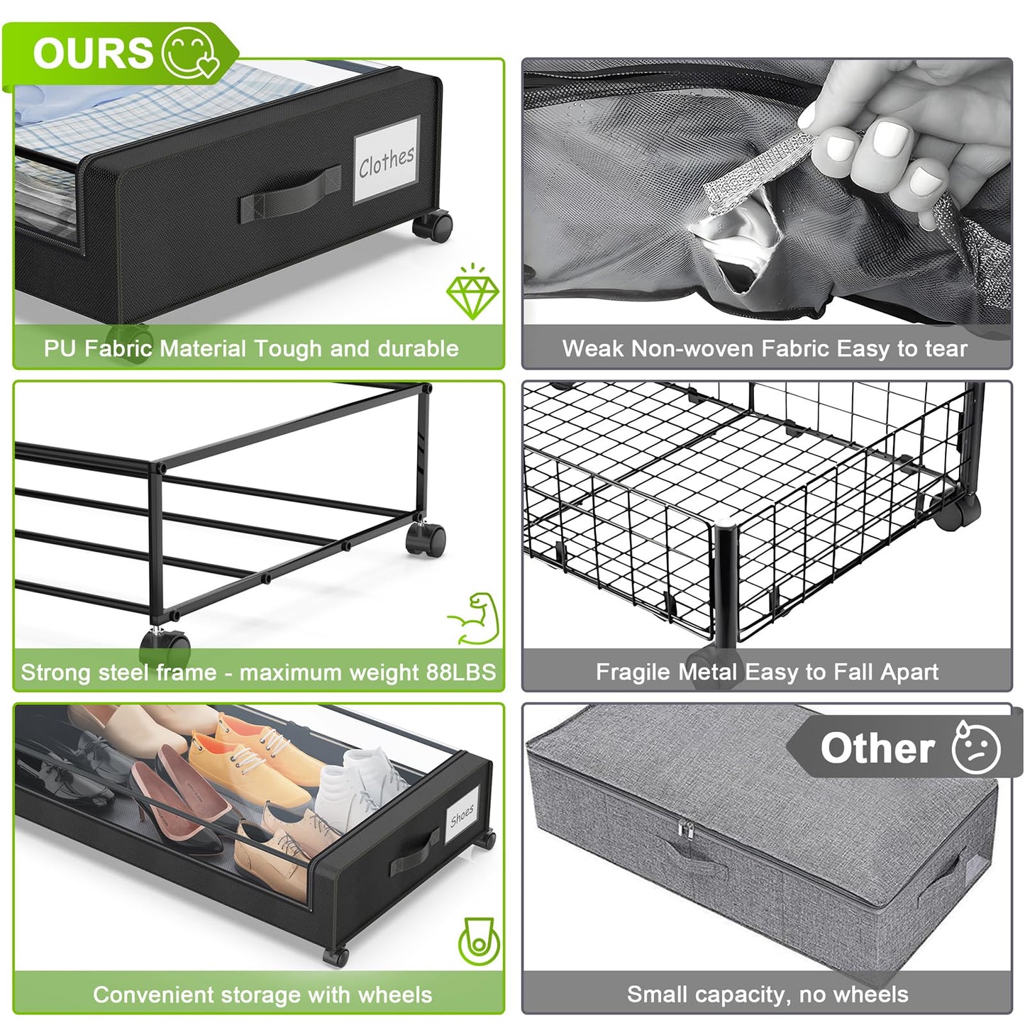 YAASHEEN Under Bed Storage with Wheels, 2-Pack Under the Bed Storage Containers with Clear Lids & Label, Underbed Storage Bins, XXL 60L Rolling Metal Drawer for Clothes, Shoes, Toys, Books - Black