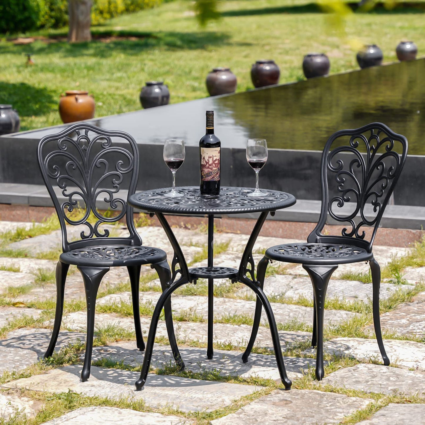 Withniture Patio Bistro Set 3 Piece Outdoor,Cast Aluminum Outdoor Bistro Table and Chair Set of 2 with 1.97" Umbrella Hole,All Weather Bistro Table Set for Front Porch Set(Butterfly Black)