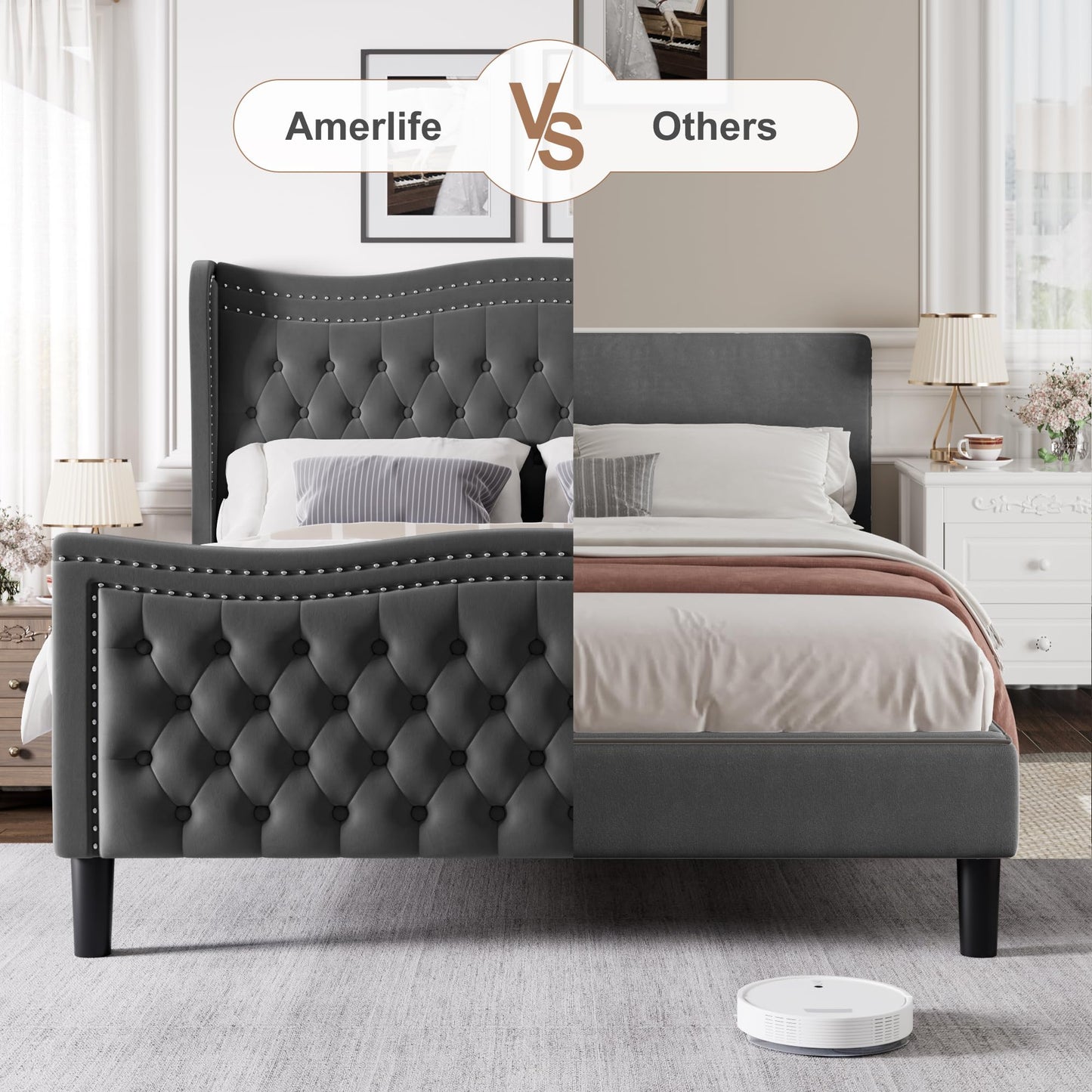 VINTLJUS Queen Bed Frame with Tall Headboard & Footboard, Velvet Upholstered Platform Bed Frame with Deep Button Tufted Wingback, No Box Spring Needed, Noise Free, Grey