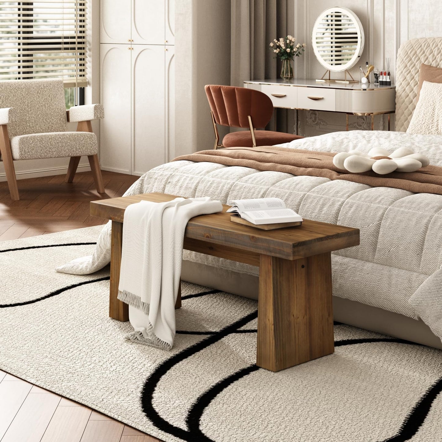 Wnutress 43" Farmhouse Solid Wood Benches Indoor with Wide Angled Legs, Rustic Long Entryway Bench Seat for Dining Table, Kitchen, End of Bed, Living Room, Hallway, Handcrafted Finish, Natural