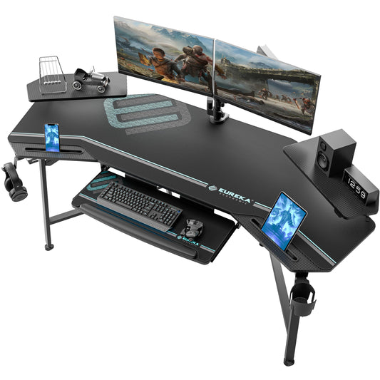 EUREKA ERGONOMIC Aero Gaming Desk with Led Lights, 72" Large Wing-Shaped Studio Desk W Keyboard Tray Monitor Stand Dual Headphone Hanger Cup Holder for Live, Streamer