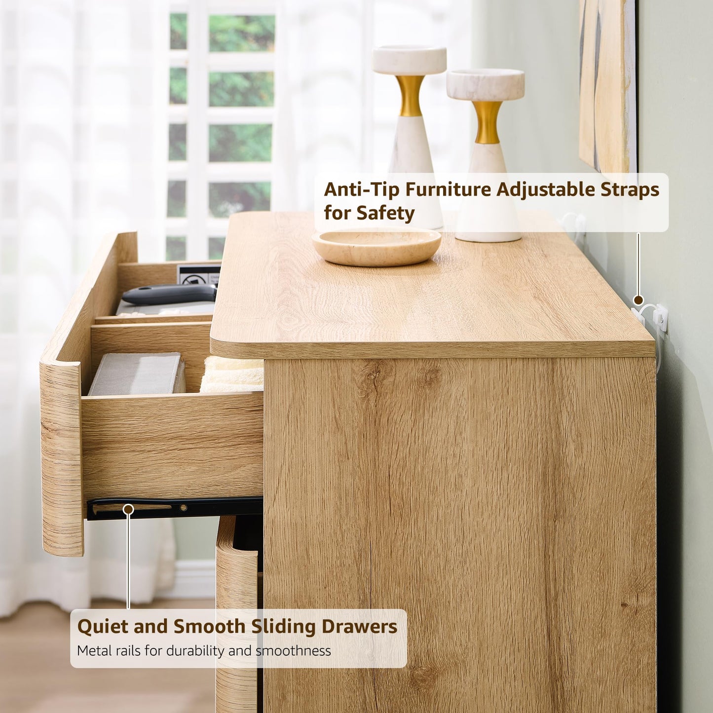 ACCOHOHO 6 Drawer Dresser for Bedroom, 42 Inch Tall Modern Chest of Drawers, Push-to-Open Wood Storgae Organizer with Large Drawers for Bedroom, Living Room, Hallway, Natural Oak