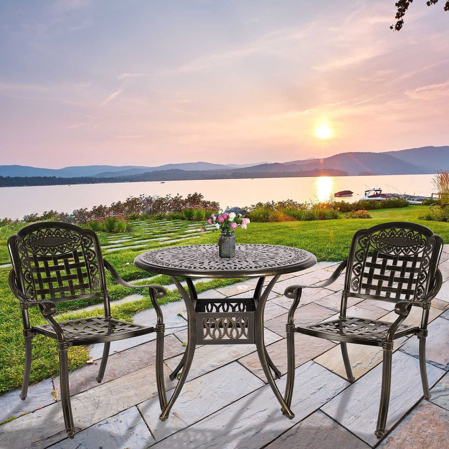 W WARMHOL 3-Piece Outdoor Patio Dining Set, All-Weather Cast Aluminum Patio Furniture Set for Backyard Garden Deck with 2 Chairs and 35.4” Round Table, 2" Umbrella Hole