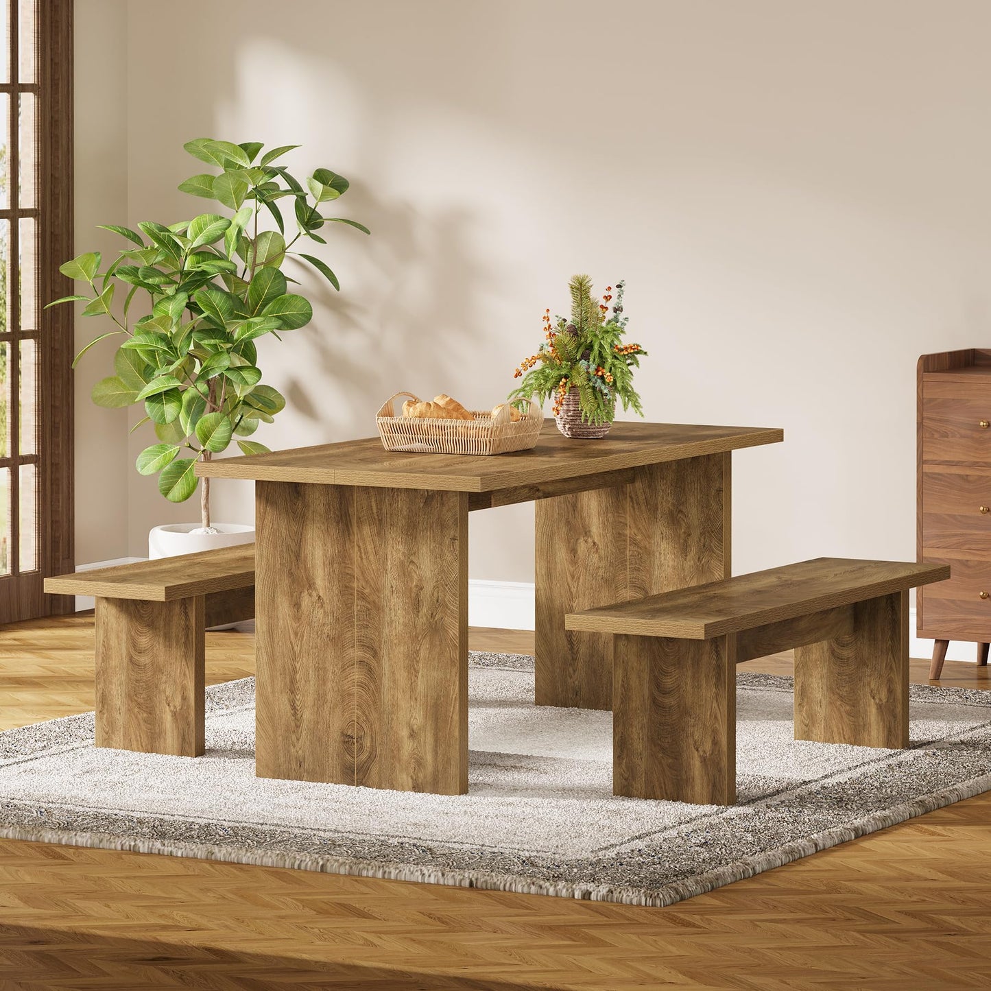 Tribesigns 3 Pieces Dining Table Set with 2 Benches, 55" Farmhouse Kitchen Table Set for 4-6, Rectangular Wooden Heavy Duty Dinette for Kitchen, Dining Room, Brown