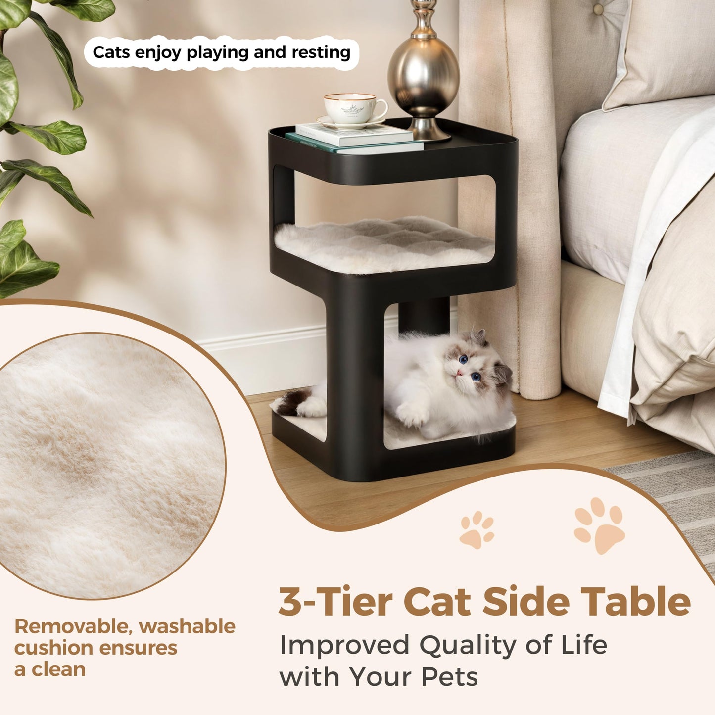 EUREKA ERGONOMIC Side Table Cat Beds, Metal Nightstand with Cat House, Square End Table with 3 Tier Storage, Modern Side Table Small End Beside Table for Living Room Bedroom Indoor, No Assembly, Black