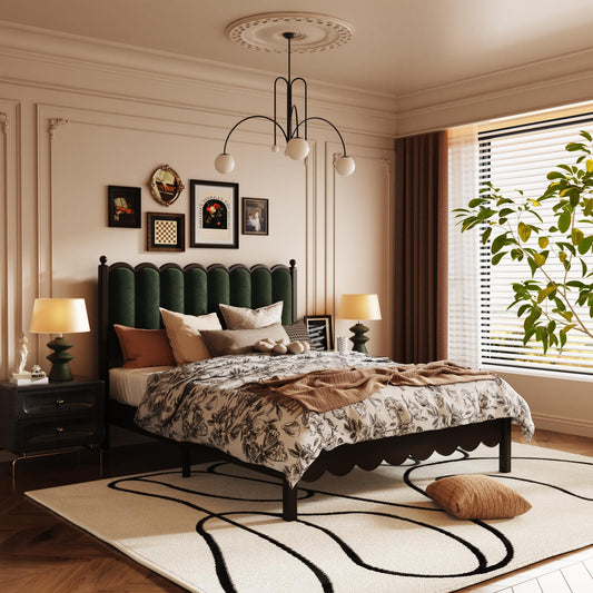 Wood Queen Size Bed Frame, Velvet Platform Bed with 55" Tall Upholstered Headboard, Solid Wood Four Poster Bed, Vintage Style Bed Frame with Wood Slats, No Box Spring Needed, Noise-Free, Green