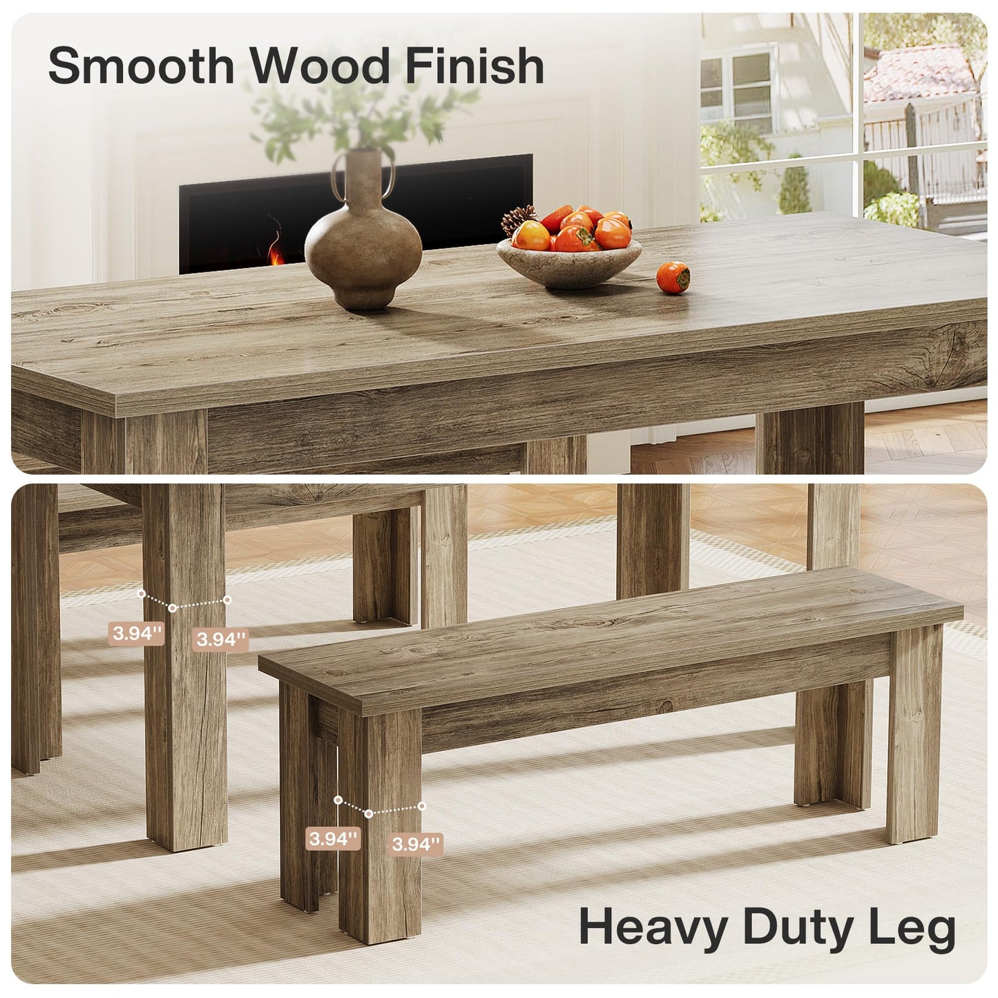 Tribesigns Dining Table Set for 6, 55.1-Inch Rectangle Kitchen Table with 2 Benches, 3-Piece Wooden Dining Room Table Set for Kitchen