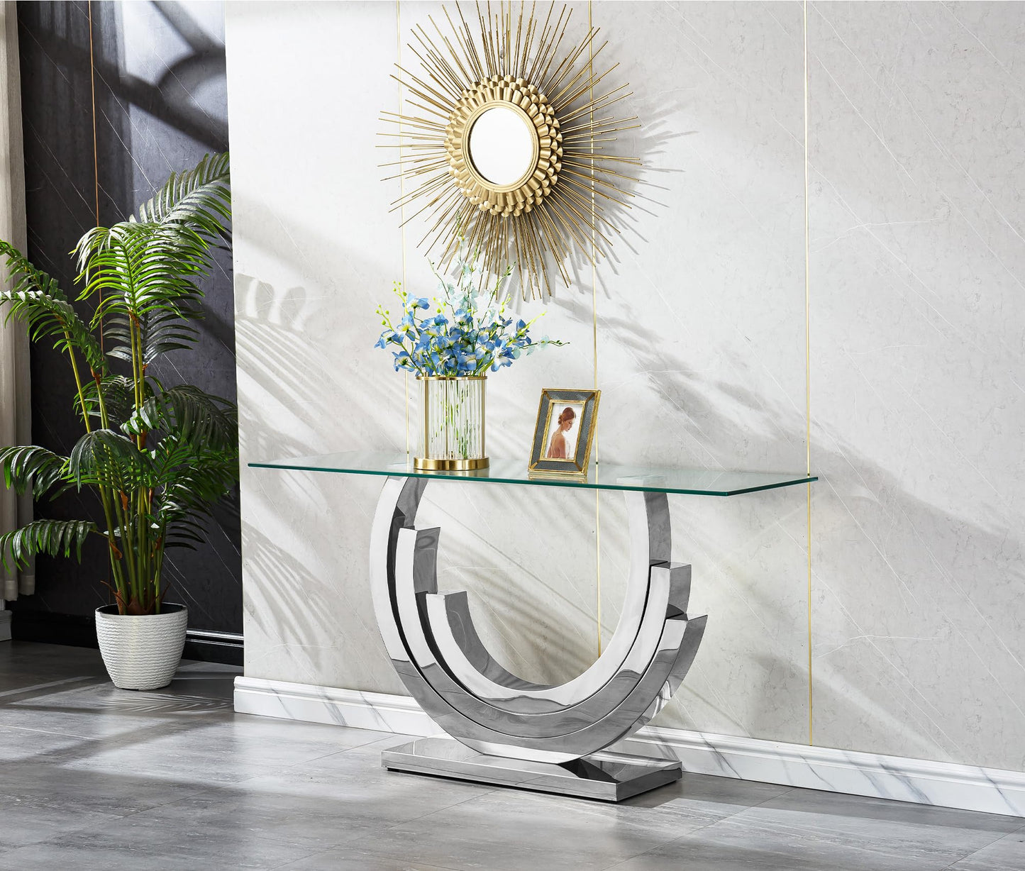 2 Pieces Glass Coffee Table Set,55" Rectangle Coffee Table with 1 Square End Side Table, Modern Silver Living Room Coffee Table Set w/Geometric Stainless Steel Base for Living Room,Apartment